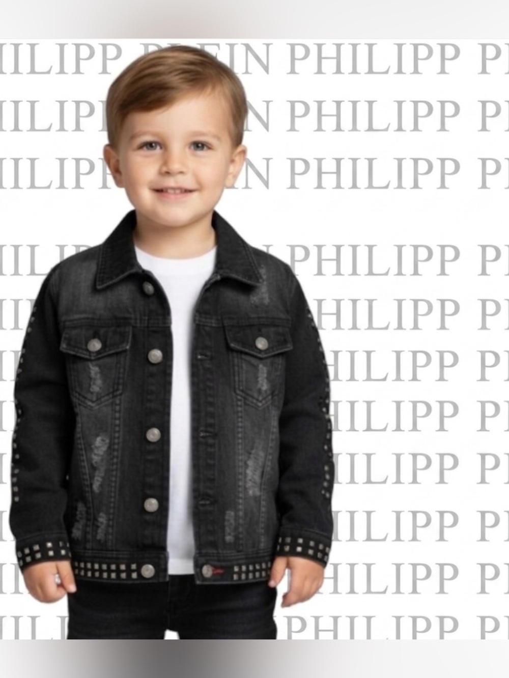 New Authentic Philipp Plein boys Cowboy studded denim & leather jean jacket 6